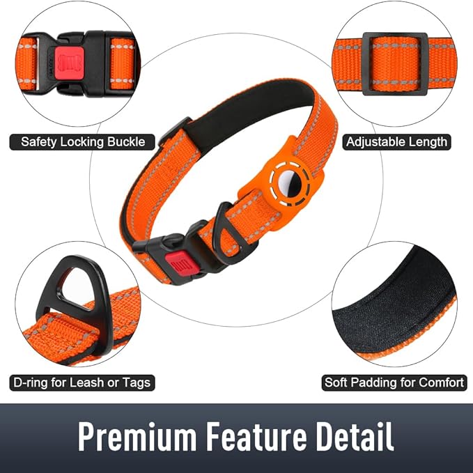 Airtag Dog Collar with AirTag Holder for Medium Dogs, Reflective, Soft Padded & Safety Locking Buckle, Nylon Pet Collars Adjustable for All Breeds, Orange,M