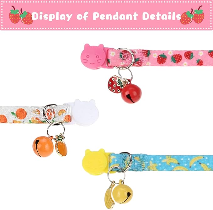 Breakaway Cat Collars with Bell & Cute Pendants, 3 Pack Safety Buckle Kitten Collars, Adjustable Pet Collar Ideal for Girl Boy Cats Puppy (Fruit Pattern)