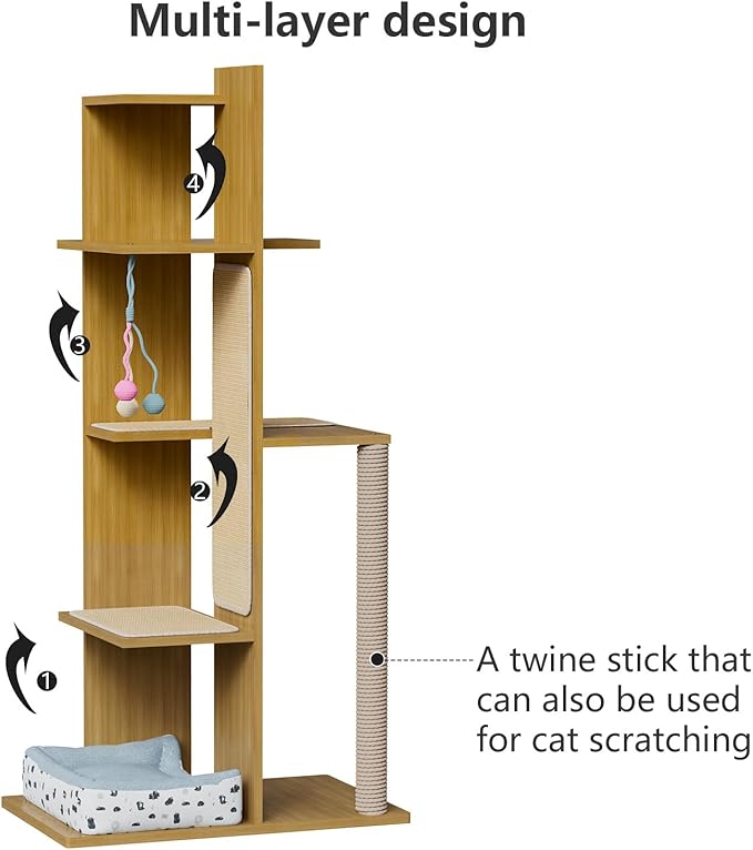PAKASEPT 65.5" Tall Cat Tree, Multi-Level Modern Cat Tower with Sisal Scratching Posts, Cat Bed, Cat Balls, Freestanding Wooden Cat Activity Center, Cat Tree Tower for Indoor Small Large Cats