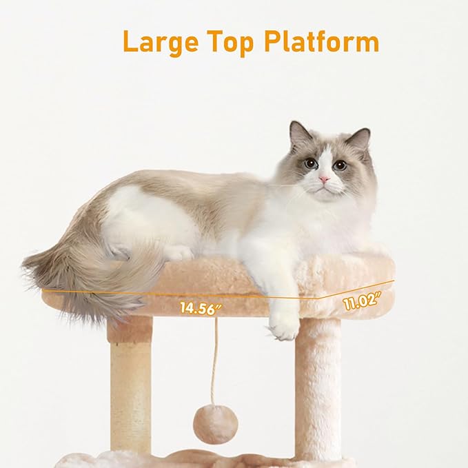 KIYUMI Cat Tree Cat Tower Condo with Sisal Scratching Post for Indoor Cats Cat Tree Cat Furniture with Hammock Perch and Kitten Ball Toys, Multi-Level Pet Activity Center Beige