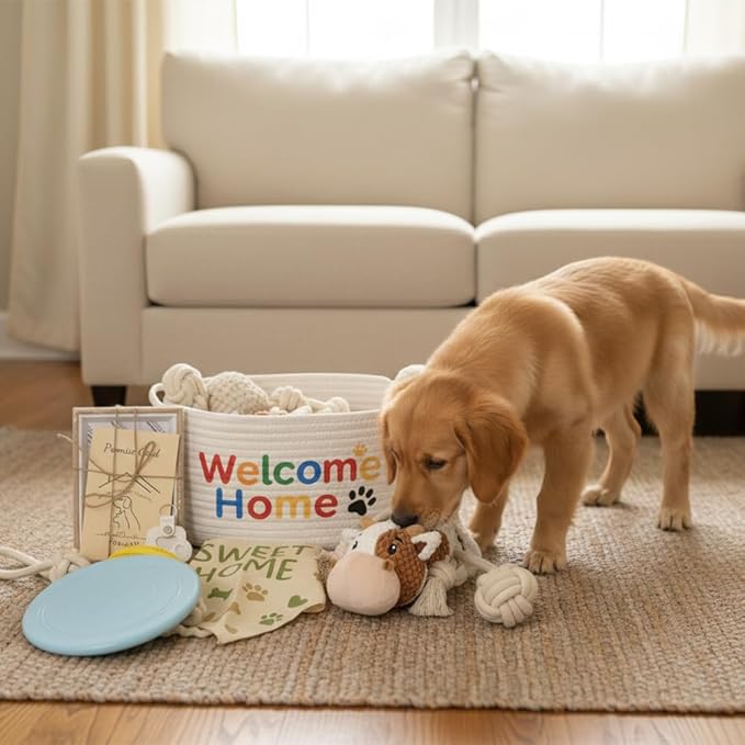 Welcome Home Dog Gift Basket - New Puppy Keepsake Box with Promise Card, Woven Storage, Bandana & Toys - The Perfect Dog Adoption Gift, A Thoughtful Gift for New Pet Owners