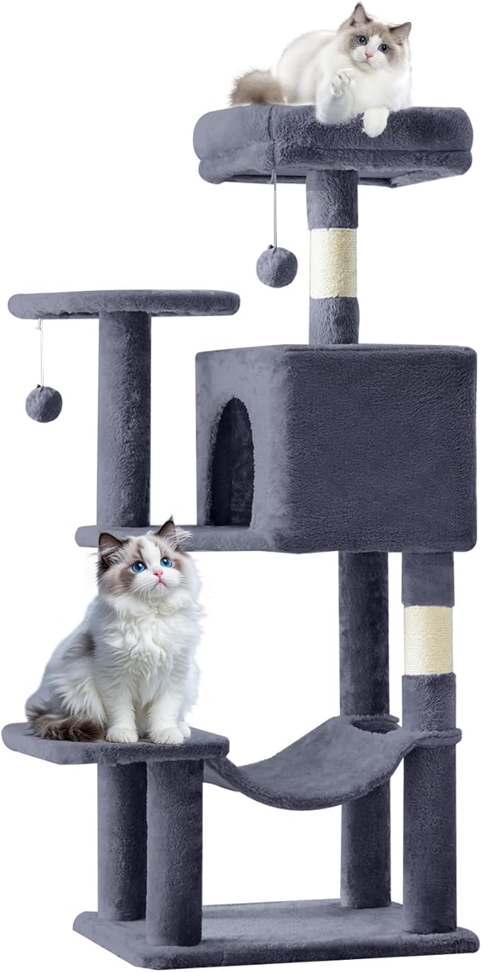 Sweetcrispy 44 Inch Cat Tree Tower, Cat Climbing Tower with Natural Sisal Scratching Posts, Hammock, Pet Condo for Indoor Cats and Kittens Play, Dark Grey