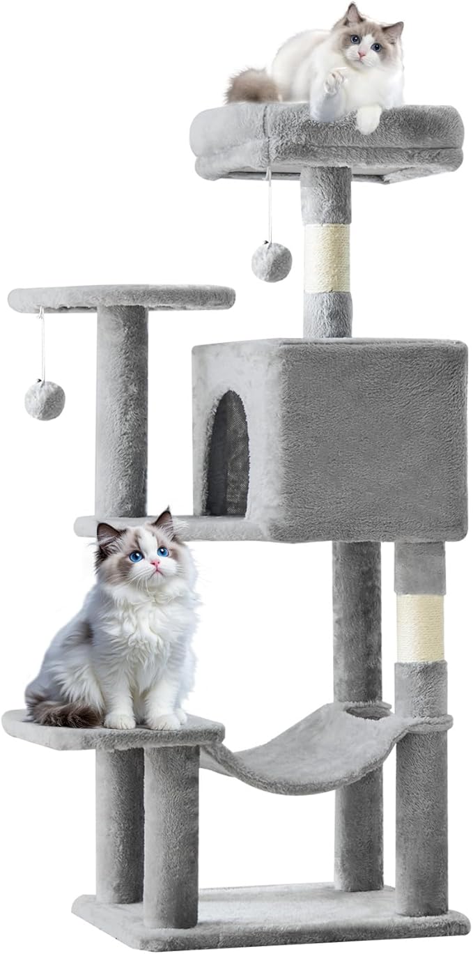 Sweetcrispy 44 Inch Cat Tree Tower, Cat Climbing Tower with Natural Sisal Scratching Posts, Hammock, Pet Condo for Indoor Cats and Kittens Play, Light Grey