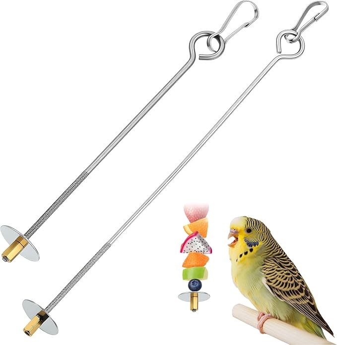 2PCS Bird Cage Food Holder with Hook, Parrot Fruit Vegetable Skewer, Stainless Steel Bird Feeder for Cages, Hanging Foraging Toy, Birds Cage Feeder Foraging Toy for Macaw Parakeet Parrot Budgie