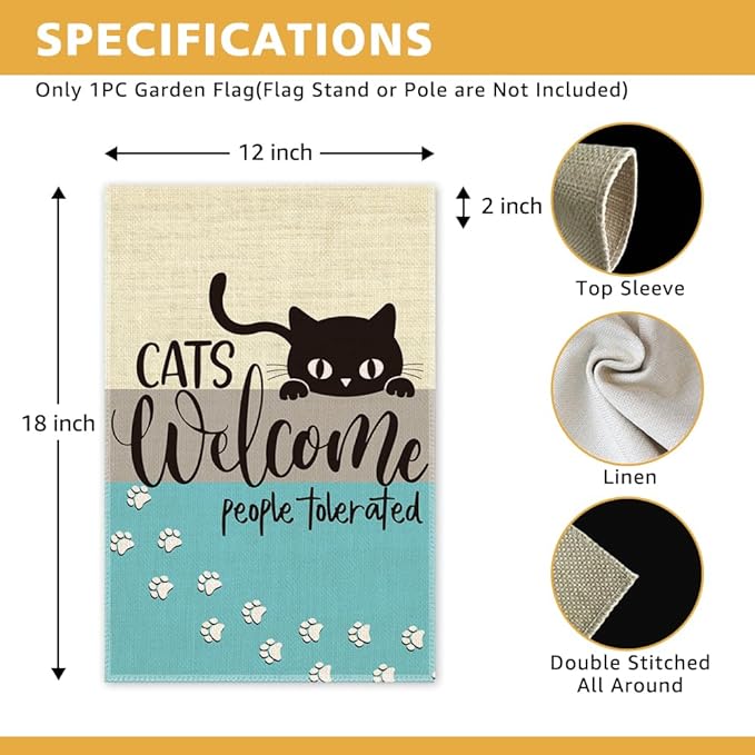 Cats Welcome People Tolerated Garden Flag, Pet Lover Porch Flag, Outdoor Home Decor Double Sided Yard Flags Banner for Patio Lawn, Cat Lovers Gifts for Women, Cat Owner Gifts