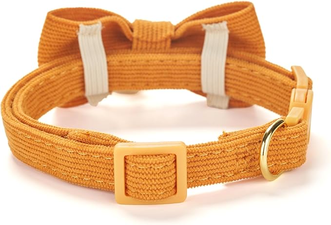 Soft Corduroy Cat Collar with Bell and Bowtie, Safety Breakaway Clasp, Adjustable for Kitten and Cats Orange Color.