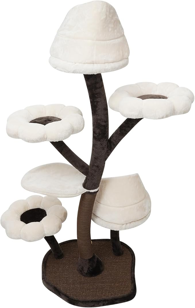 Cat Tree, 63.8inches Tall Cat Tower for Large/Small Cats Climbing, 6-Tier Cat Flower Tree with Resting Platforms & Scratching Posts, Cats Activity Center Playground, Load Capacity 22lbs (Brown+White)