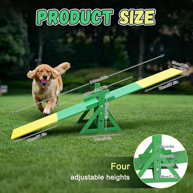 94.5" Adjustable Dog Agility Seesaw 4-Level Height Training Teeter for Small to Large Dogs Sturdy Wooden Dog Agility Equipment with Non-Slip Surface for Backyard Exercise Confidence Course (Seesaw)