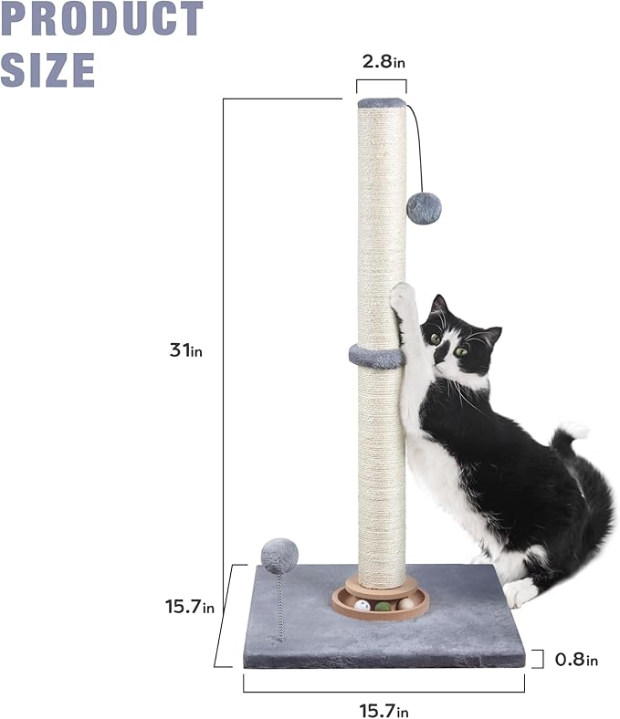 Fantasreen 31" Cat Scratching Post Kitten Toys for Indoor Cats, Interactive Cat Scratcher with Catnip Balls, Sisal Scratch Rope for Large Cats, Grey