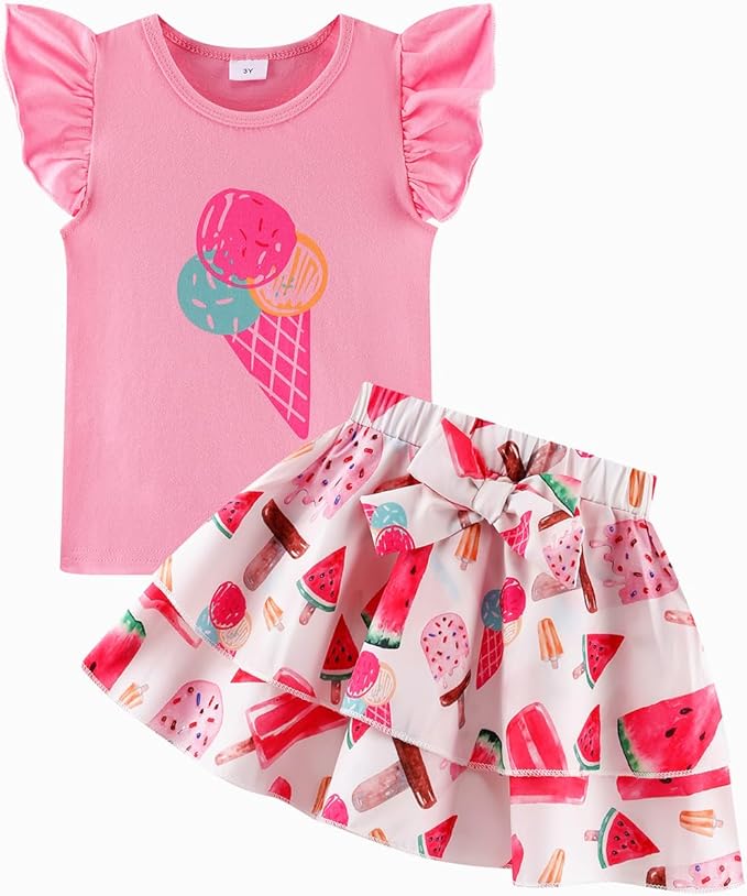 Girls Skirt Set 2 Piece Outfit Toddler Summer Clothes Ruffle Sleeve T-Shirt Bow Knot Tutu Skirt Outfit Set