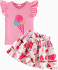 Girls Skirt Set 2 Piece Outfit Toddler Summer Clothes Ruffle Sleeve T-Shirt Bow Knot Tutu Skirt Outfit Set