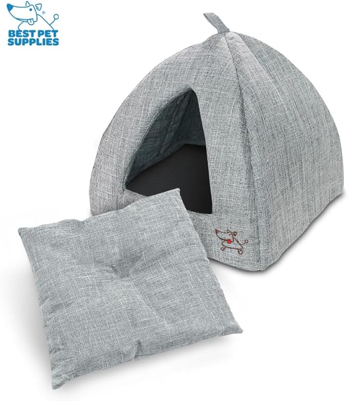 Best Pet Supplies Dog House Bed Crate Mat Tent Indoor Round Soft Plush for Small, Medium, and Large Breeds - Gray Linen, 16" x 16" x H:14"