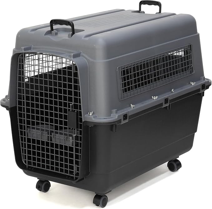 SportPet Airline Compliant X-LARGE 32.25" Travel Dog Kennel-Durable Plastic Airline Pet Carrier w/Removable Wheels & Food Bowls, Collapsible Indoor/Outdoor Dog Kennel, Dogs up to 32"L & 23"H-Dark Gray