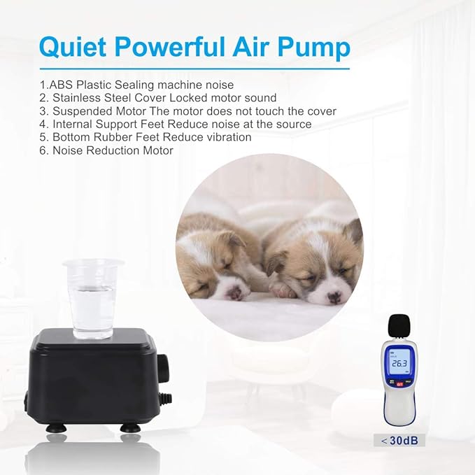 hygger Quiet <30dB Aquarium Air Pump, Adjustable Low Decibel Oxygen Fish Tank Pump 2 Air Outlets Ultra Silent Powerful Aerator Pump with Accessories Max 80GPH/160GPH/255GPH(5W, Up to 150Gallon)