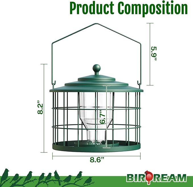 Squirrel Proof Bird Feeder, Metal Cage Bird Feeder for Outdoors Hanging, Starling Resistant Design for Small Birds, Weatherproof with Drain Holes, Easy to Refill, Green