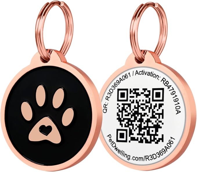 Pet Dwelling QR Code Pet ID Tag – Smart Dog & Cat ID Tags for Pet Safety, Free Personalized Online Profile, Instant Scan Alerts, AI Insights (Lux Rose Gold Black Paw)