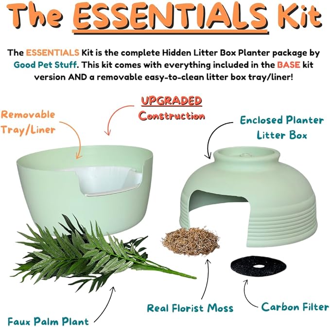 Good Pet Stuff Hidden Litter Box Planter, Decorative Cat Litter Enclosure with Carbon Filter, Artificial Plant, Easy Clean, Removable Liner, Round Style, Essentials Kit, Sage Green
