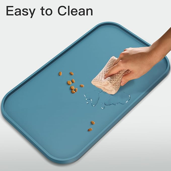 Pet Feeding Mat [Warped Resistant Raised Edge], Water-Proof Silicone Placement for Food Water Bowls, Anti-Slip Base Protect Floor, BPA-Free&Dishwasher-Safe [28.5x16.5inch XL, Blue]