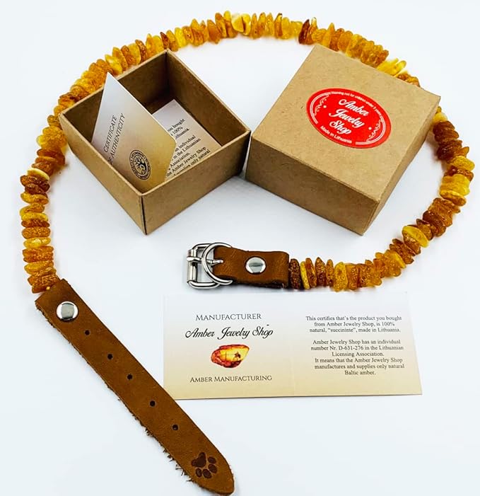 Amber Collars for Dogs & Cats - Baltic Amber Dog & Cat Collar with Adjustable Leather Strap - Raw Knotted Amber Beads (20-25cm)