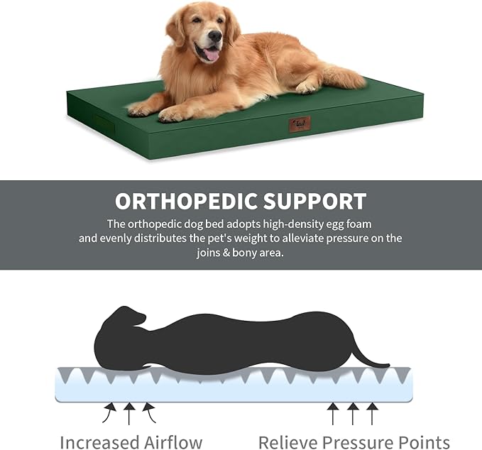 Outdoor Dog Bed for Medium Dogs, Waterproof Dog Crate Mat Orthopedic Egg Crate Foam Pet Bed with Washable Removable Oxford Cover, Dark Green