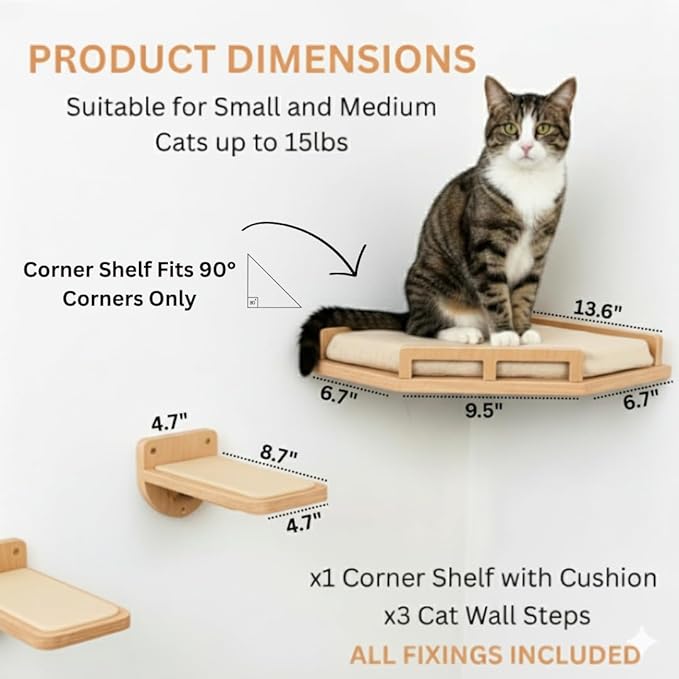 INICIO Cat Wall Shelves - Safe and Sturdy Cat Wall Furniture - Stylish Corner Shelf with 3 Steps for Cats up to 15lbs - Cushioned Perch and Stairs for Climbing and Playing - Natural Wood