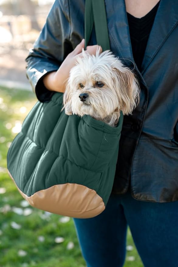 Plush Dog Purse Carrier for Small Dogs, Soft Dog Tote Bag with Safety Harness Clip, Cozy Pet Carrier for Dogs Under 15 lbs, Comfortable Dog Shoulder Carrier for Travel, Green