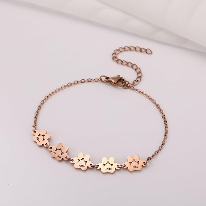MeMeDIY Personalized Paw Print Bracelet for Women Engraved 1-5 Names Dog Cat Pet Paw Bracelet Adjustable Chain Dog Jewelry Memorial Gifts for Pet Lovers