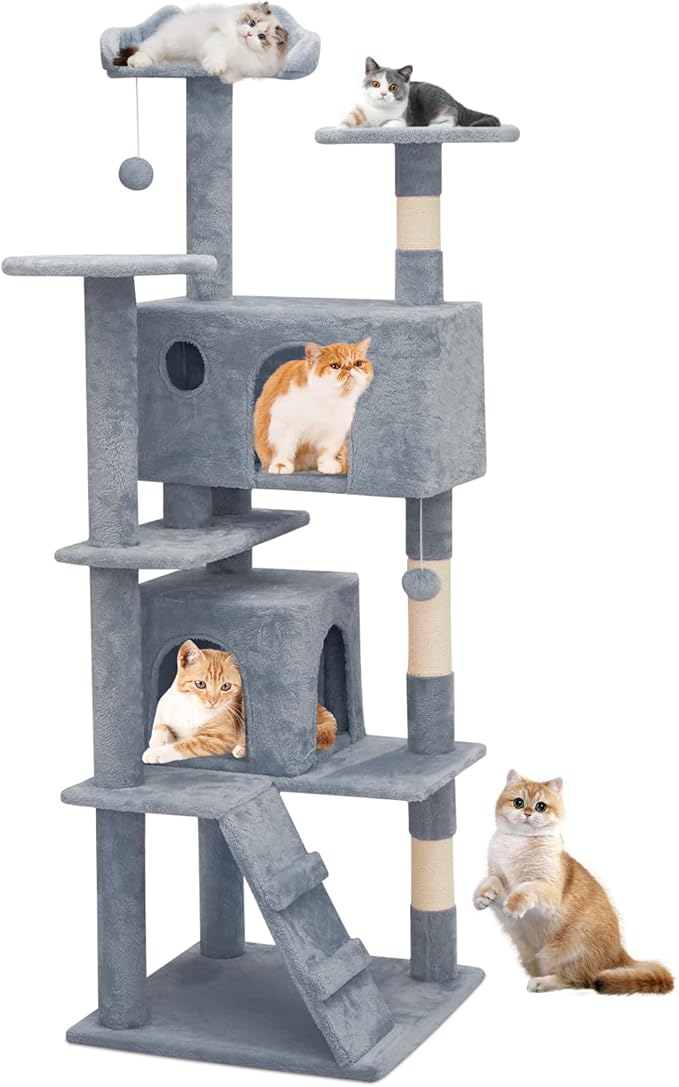 Athena Collection Cat Tree, 62 Inch Cat Tree Tower for Indoor Cats, Multi-Level Cat Tower House Activity Center with 2 Cat Condo & Scratching Post & Dangling Ball, Tall Cat Climbing Tower, LightGray