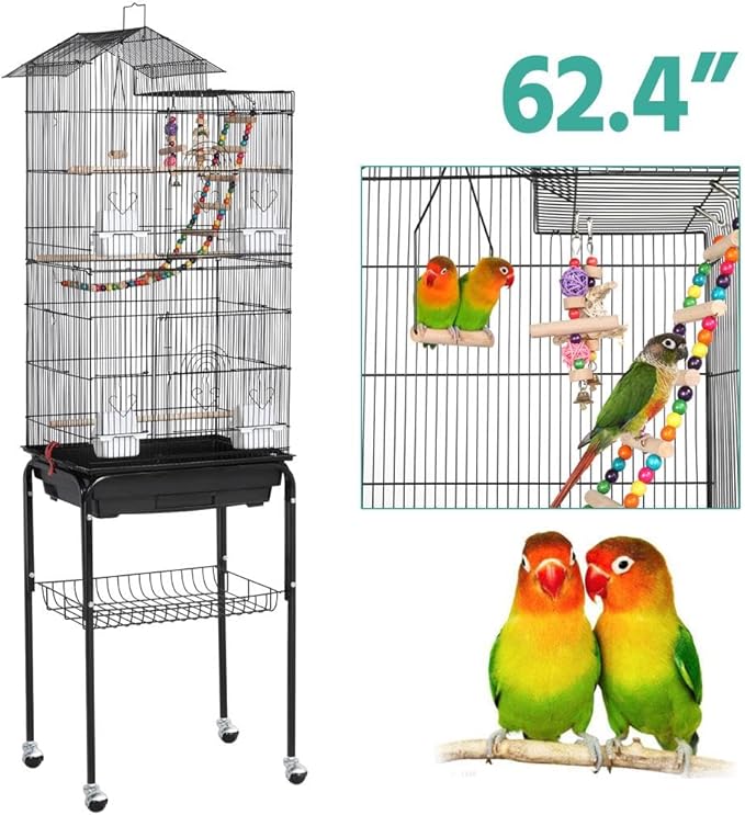 Yaheetech Bird Cage 64'' Medium Small Parrot Parakeet Bird Cages with Detachable Rolling Stand for Parrot Lovebirds Finches Parakeets Budgie Parrotlet Conures, Pet Flight Birdcage