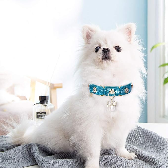 PetsHome Cat Collar, Dog Collar, [Bling Rhinestones] PU Leather Adjustable Pet Collar with Luxury Pendant for Big Cat and Small to Medium Dog Small Blue