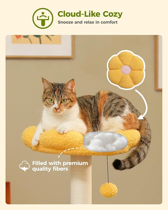 Flower Cat Tree with 2 Large Hammocks, 37.4" Small Cat Tower for Indoor Kitty with 6 Scratching Posts, Cute Cat Tree with Flower Top Perch, Yellow