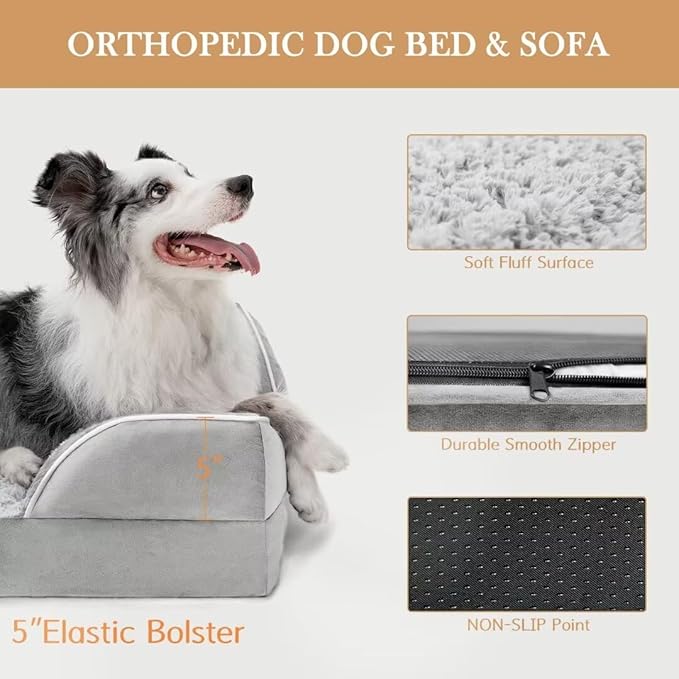 Comfort Expression Orthopedic Dog Bed for Extra Large Dogs 42x30 Inch, Waterproof Egg Crate Foam XL Pet Bed with Removable Bolsters, Dog Couch with Washable Cover & Non-Slip Bottom, Grey White