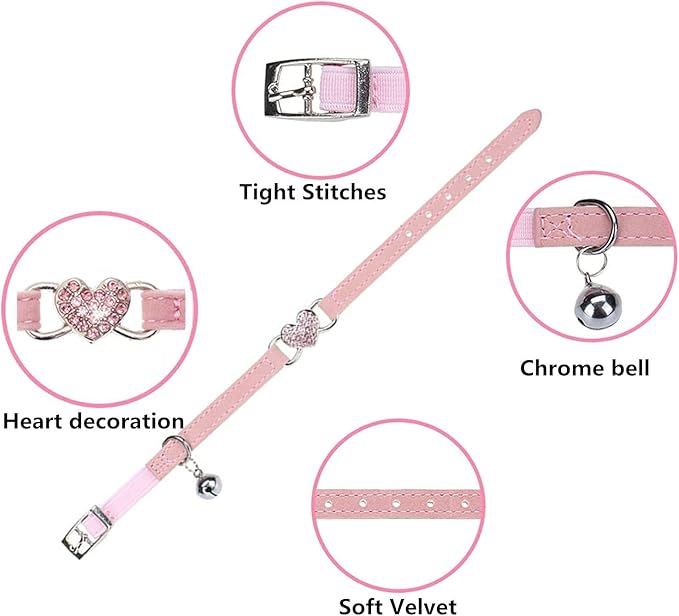 Heart Bling Cat Collar with Safety Belt and Bell Adjustable 8-10 inches for Kitten Cats (Khaki)