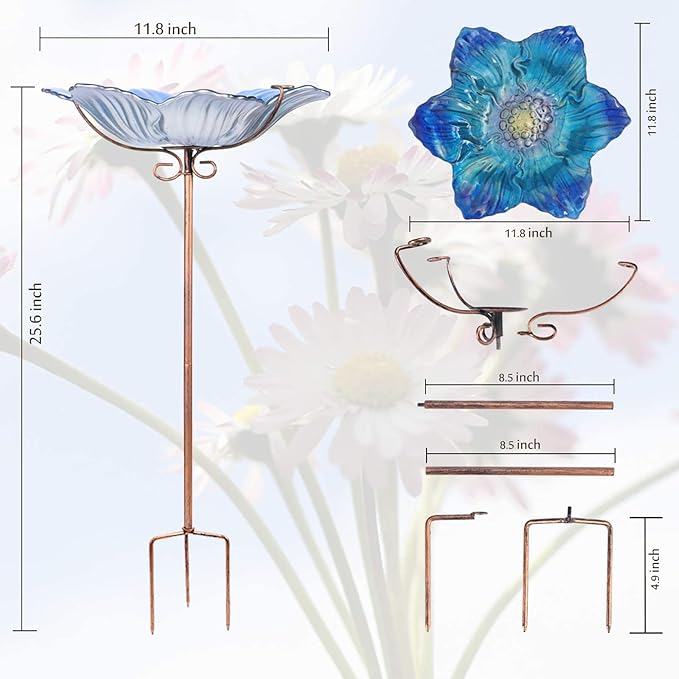 MUMTOP Bird Baths for Outdoors Glass Bird Bath Bowl Outdoor Bird Feeder Flower Pattern with Metal Stake for Garden, Yard and Lawn Decor(Blue)