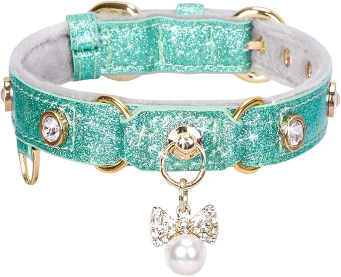 PetsHome Cat Collar, Dog Collar, [Bling Rhinestones] PU Leather Adjustable Pet Collar with Luxury Pendant for Cat and Small Dog Extra Small Mint Green