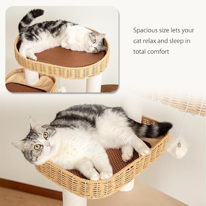 48'' Cat Tree for Large Cats, Modern Cat Tree Multi-Level Condo with Natural Wood, Cat Activity Centre for Medium and Big Pets (White LS02)