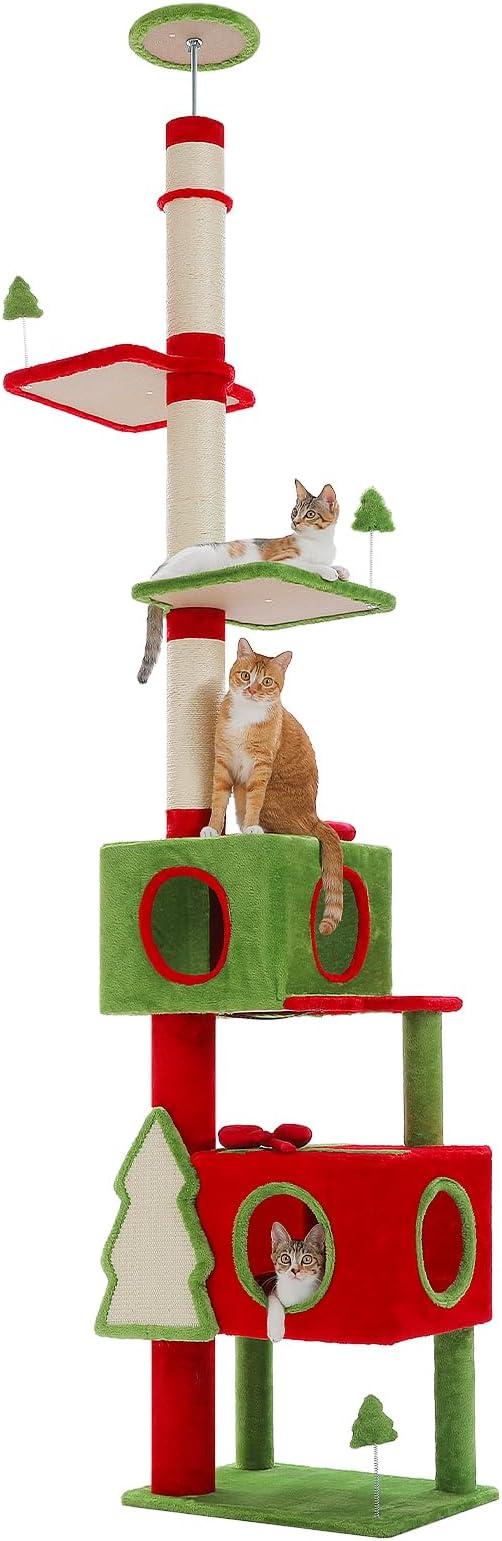 PETEPELA Floor to Ceiling Christmas Cat Tree, Tall Cat Tower (Adjustable Height 90.9-107.8 in) with 2 Large Condos, Scratching Posts & Detachable Cat Toys for Large Adult Cats, Red/Green