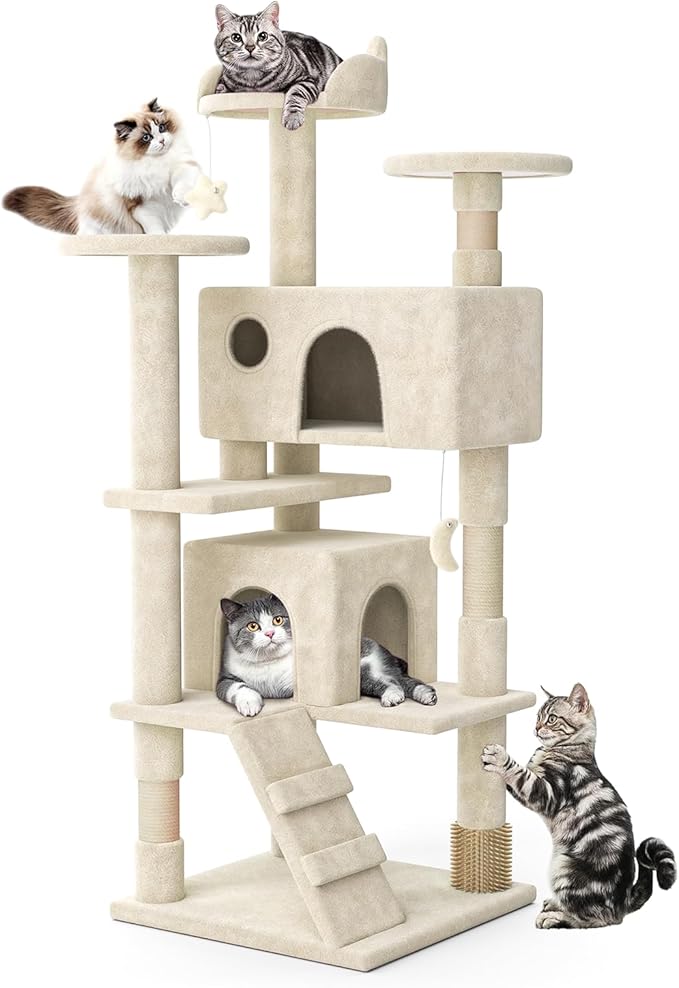 MoNiBloom 54 Inch Cat Tree Tower for Indoor Cats Large Adults, Cat Tower with Scratching Post, Multi-Level Furniture Activity Center with Cat Condo Pet Play House, Beige