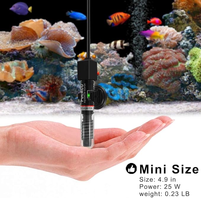 PULACO 25Watt Mini Aquarium Submersible Betta Heater with Free Thermometer Strip for 1-6 Gallon Fish Tanks (Preset Temperature 78℉)