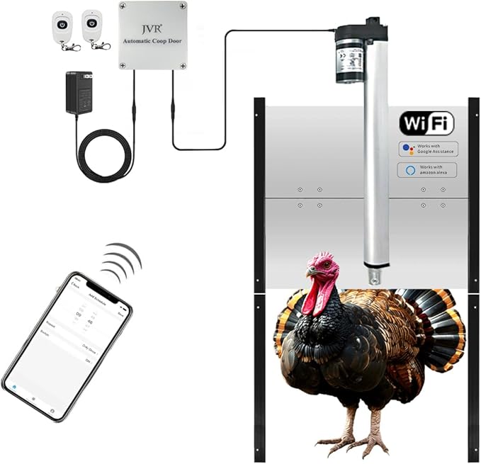 JVR Automatic Turkey Geese Duck Coop Smart Door Compatible with Alexa, Google Assistant, Home Assistant, Tuya - WiFi Opener, Extra Large 22"x23" Opening, Anti-Pinch Auto Reopen & Stop, Dusk to Dawn