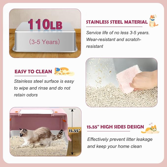 Vivifying Pink Stainless Steel Covered Cat Litter Box – Odor-Control, Easy-Clean Modular Enclosed Kitty Toilet, Elegant Design for Stylish Cat Moms