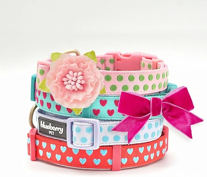 Blueberry Pet Flocking Dog Collar, Small Girl Dog Collar with Silk Flower, Polka Dot Pastel Purple, Adjustable Dog Collars for Small Dogs, 12"-16" Neck, Eco-Friendly Buckles