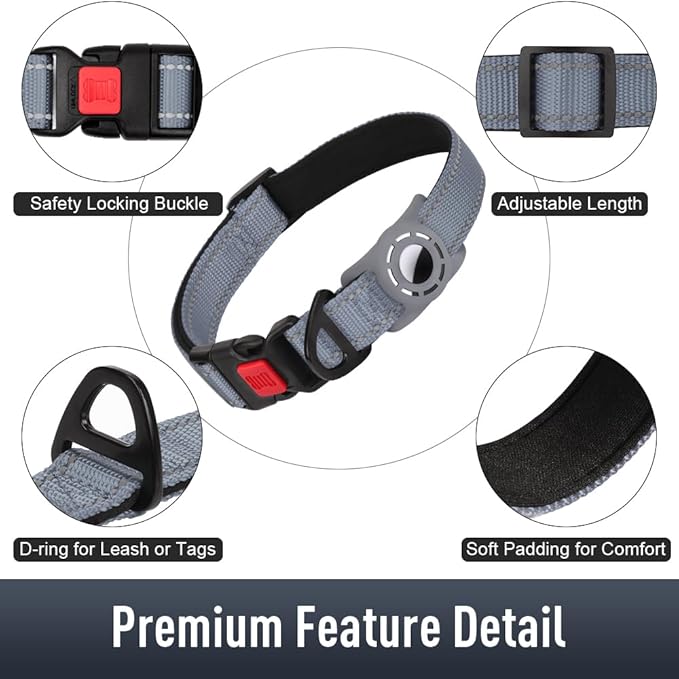 Airtag Dog Collar with AirTag Holder for Medium Dogs, Reflective, Soft Padded & Safety Locking Buckle, Nylon Pet Collars Adjustable for All Breeds, Grey,M