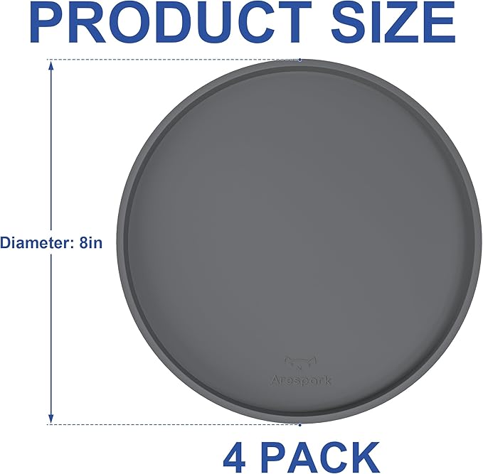 Arespark Cat Food Mat, Set of 4 Nonslip Waterproof Feeding Bowl Silicone Mats with Raised Edges for Food Water Prevent Spills, Round Eating Plates Tray for Dog Cat Puppy Kitten, 8'' x 8''