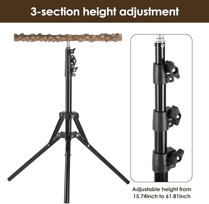 Adjustable Bird Perch Stand, 16-62 Inch Height Adjustable Bird Training Perch Stand with Feeding Cups and Swing Toy, Natural Pepper Wood Parrot Perch Toy for Small Medium Birds Indoor Outdoor Use