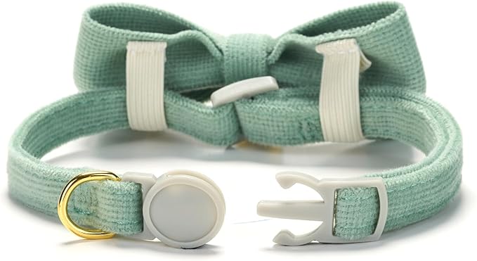 2 Pack Soft Corduroy Cat Collars with Bow Tie & Bell Adjustable Breakaway Bowtie Kitten Collar for Girl Boy Kittens(White & Grass Green)
