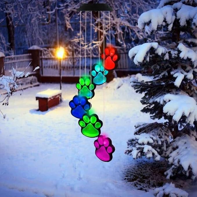Paw Print Solar Wind Chimes, Color Changing Outdoor Paw Print Solar Lights, Dog Cat Paw Prints Wind Chimes Hanging Patio Lights for Garden Decor,Best Gifts for Dog & Cat Pets Lovers