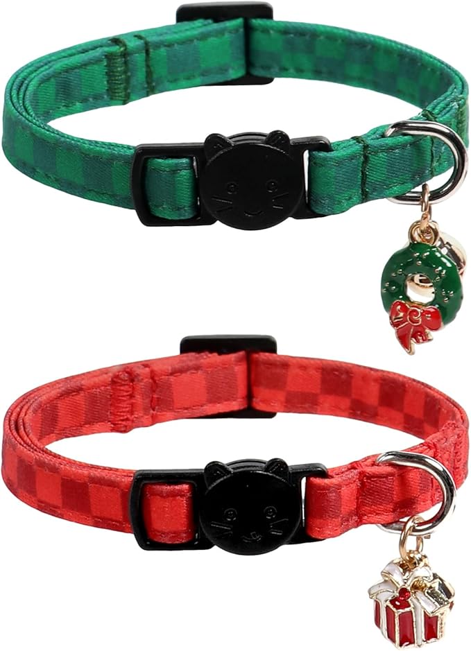 Lionet Paws 2pcs Pack Christmas Cat Collarr,Christmas Red Plaid & Green Plaid Cat Kitten Collars with Breakaway Buckle,Ideal for Boy Cats