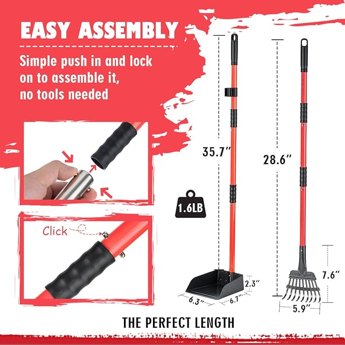 MXF Pooper Scooper, Dog Pooper Scooper Long Handle Stainless Metal Tray and Rake Set for Medium Small Dogs Heavy Duty - Use on Grass, Dirt or Gravel - Red