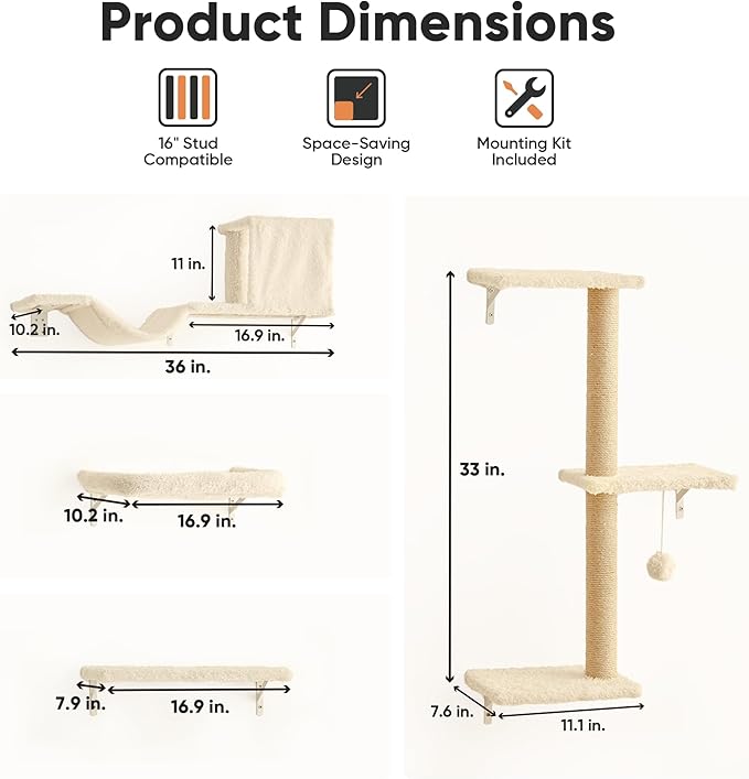 FUKUMARU Cat Wall Shelves, Stable & Safe 4 in 1 Large Cat Walls Furniture Set, Wooden Kitten Climbing Wall with Scratching Post for 16 Inch Drywall - Beige